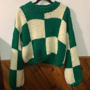 Yellow the Label - Zella Chunky Checkered Sweater, Cream/Evergreen M